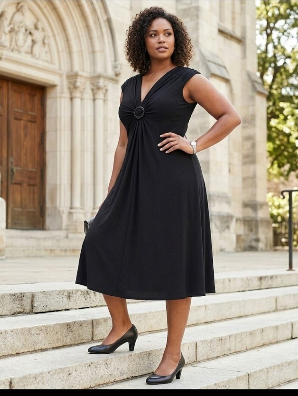 Black knit midi Dress deep-V sz 16 Jones Wear